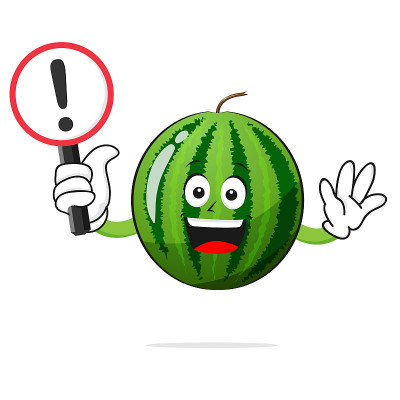 watermelon character smiles with a warning sign on