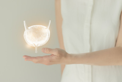穿着白衣的女人手里拿着虚拟的膀胱。手绘人体器官、排毒保健、保健医院服务概念图库