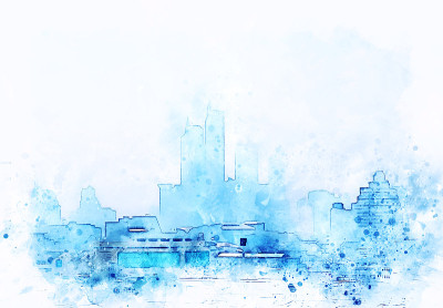 抽象办公楼以城市建筑为背景绘制水彩画。城市上的数字插画刷艺术。