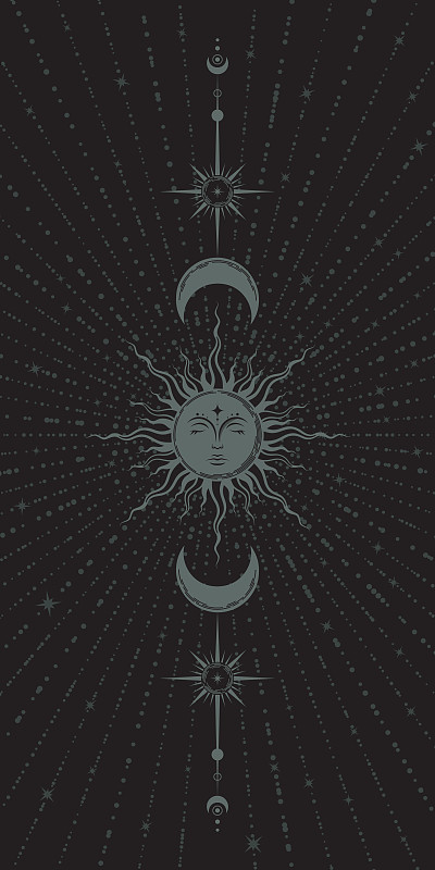 向量神秘的黑暗背景包括太阳与脸，月亮，星星和径向光束。在黑色背景上复古风格的波西米亚插图。神秘的垂直