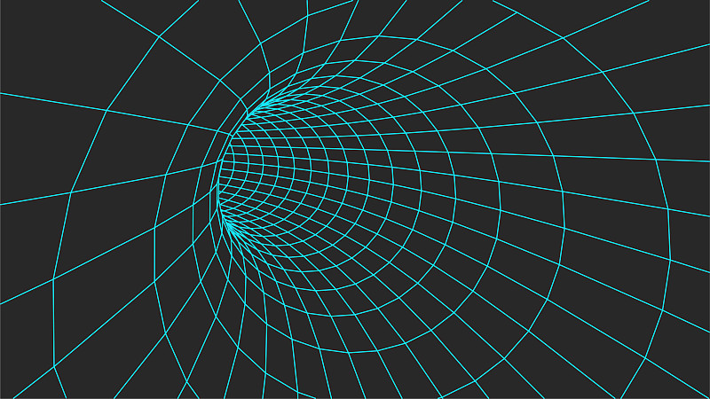 网格结构。线框表面隧道。3d网格在黑暗的背景。向量虫洞