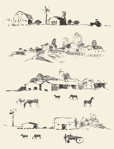 画的乡村乡村风景田野山丘