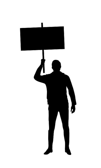 有海报的男人在罢工剪影。