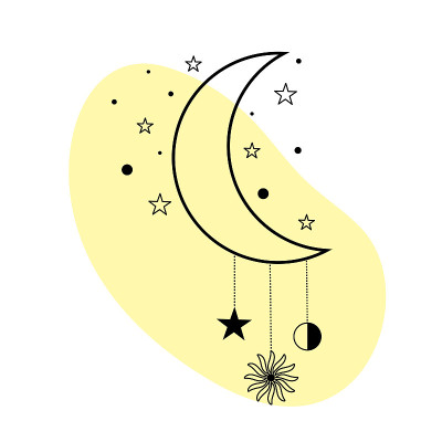 月亮与星星和太阳在线条艺术。精神象征天国。
