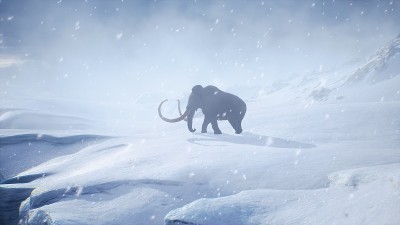 一只巨大的猛犸象正沿着积雪覆盖的冰川行走。冬季自然条件下巨大的高冰川。北极冬季景观。3 d渲染。