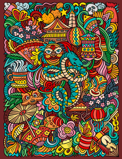 中国新年手绘矢量涂鸦插画。