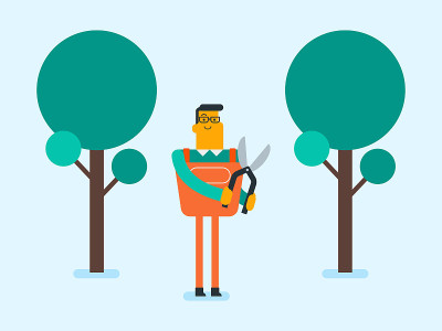 Caucasian white farmer cutting tree with scissors