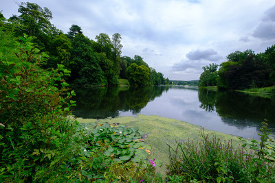 在英国西约克郡的Harewood房屋信托地区，树木、树叶和鱼塘的美丽风景