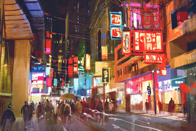 彩色的画，人们走在夜晚的城市街道上