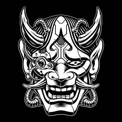 黑色和白色矢量插图的武士面具在赛博朋克风格