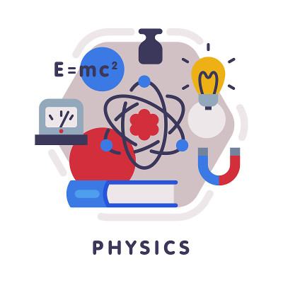物理学校学科图标，教育和科学学科与相关元素平面风格矢量插图
