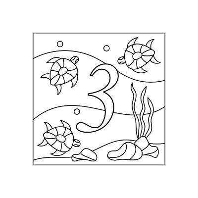 儿童涂色书，数字。三。教育和娱乐。水下世界。颜色和计数，矢量插图