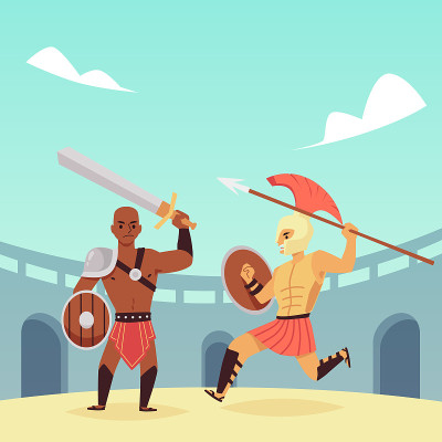 古代武装战士在竞技场斗兽场的战斗矢量插图