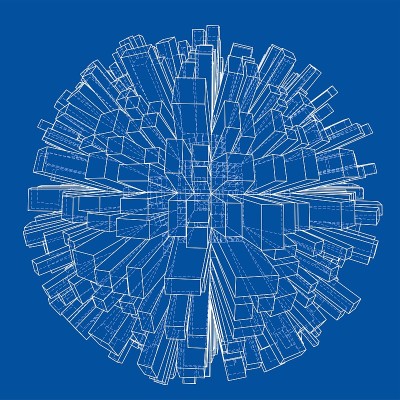 抽象3d球体与城市，蓝图风格