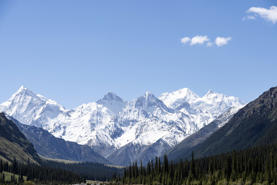 蓝天下的山谷和雪山