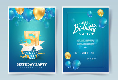 51岁生日矢量邀请双卡。结婚51周年庆祝手册。蓝色背景印刷邀请模板。