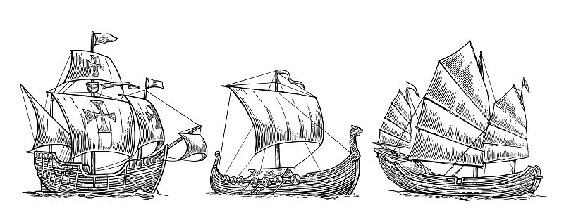 drakkar轻快帆船,垃圾。扬起风帆，扬起海浪。
