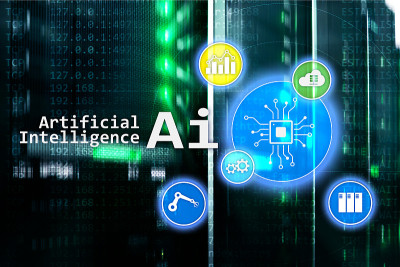 AI，人工智能，自动化和现代信息技术概念上的虚拟屏幕。