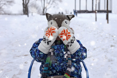 冬天公园里雪橇上的孩子