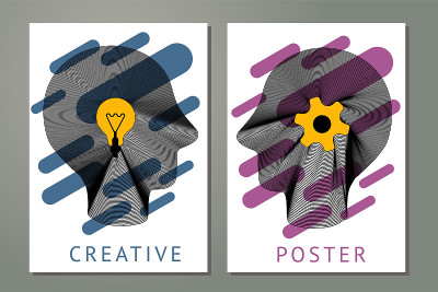 Abstract composition with human heads, gears and l