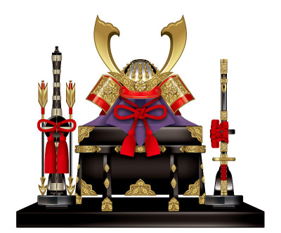 武士头盔。弓、箭和剑。