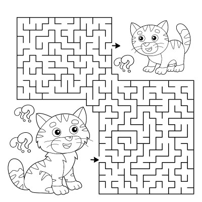 迷宫或迷宫游戏。谜题。彩色页大纲的卡通猫与小猫。儿童涂色本。