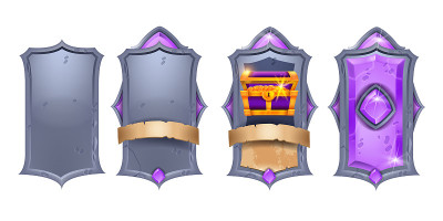 石头纸牌游戏设计集，矢量魔法RPG UI框架工具包，石头甲板项目，宝石羊皮纸缎带。
