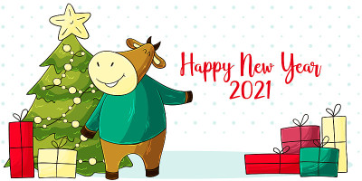 2021新年快乐儿童插画。中国新年牛年2021年
