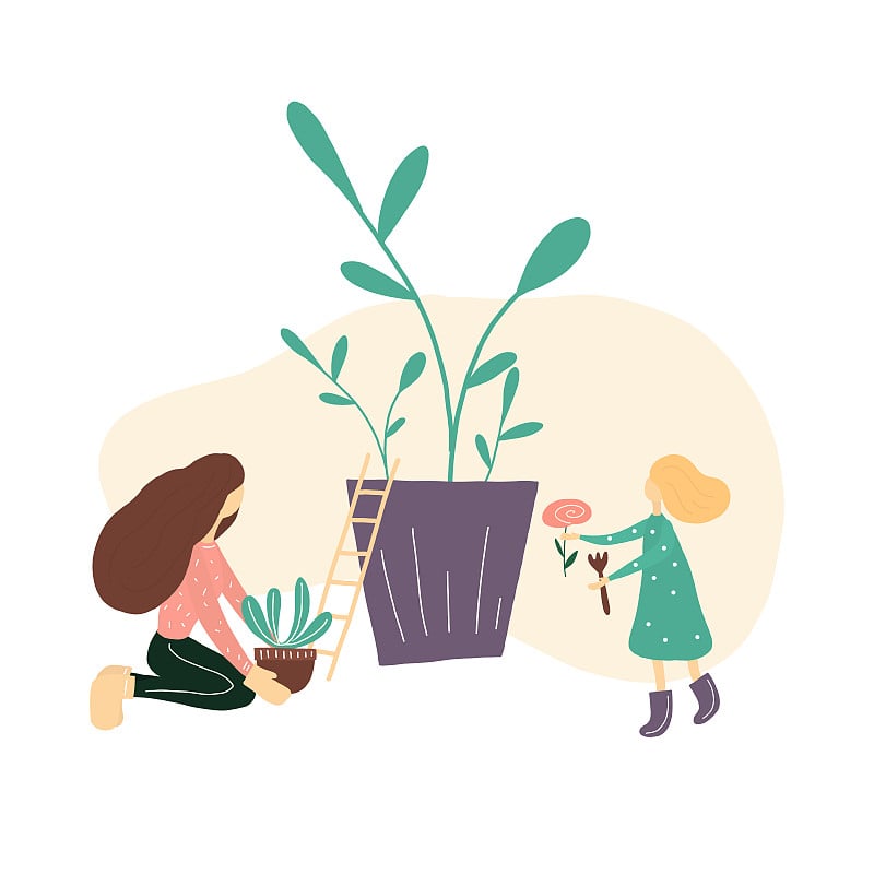 Girl working in the garden, big home plant vector 