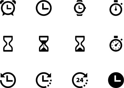Twelve black and white time and clock icons