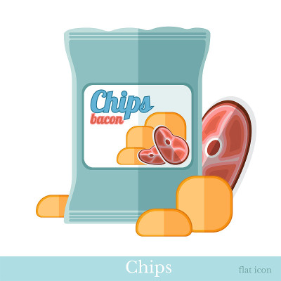 Flat icon pack of potato chips with bacon, snack o