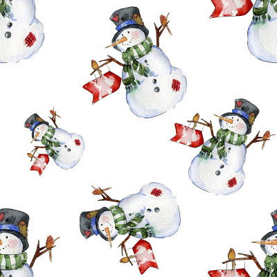 戴绿围巾的雪人。圣诞节，新年的水彩插图。