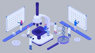 科学分析微观世界在实验室未来的等距概念。详细信息图的dna螺旋由组科学。