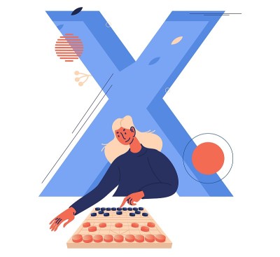 年轻女子与象棋下棋。背景上的蓝色字母X。运动矢量插图