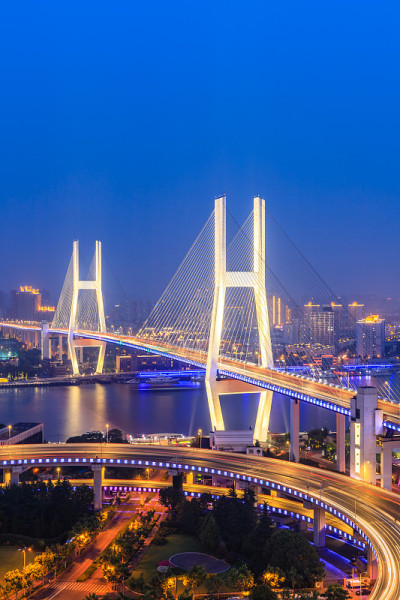 美丽的南浦大桥，在夜晚，横跨黄浦江，上海