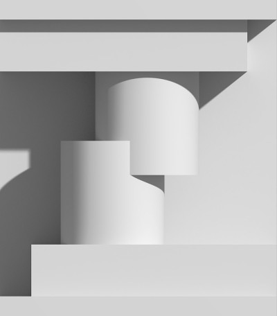 高浮雕表示柱的两个移位部分。抽象建筑构成的3D渲染。