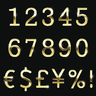向量黄金字体集货币，数字和特殊符号。