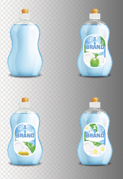 向量集真实的洗碗液产品图标孤立在透明的背景。塑料瓶标签设计。洗洁精或洗碗皂品牌广告模板
