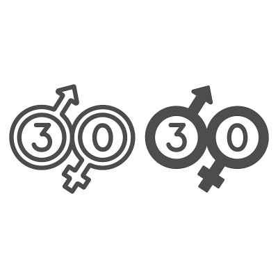 男性和女性开始与30线和固体图标，爱情和关系概念，30矢量符号在白色背景，轮廓风格图标的移动概念和网