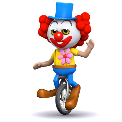 3d小丑在独轮车上挥手