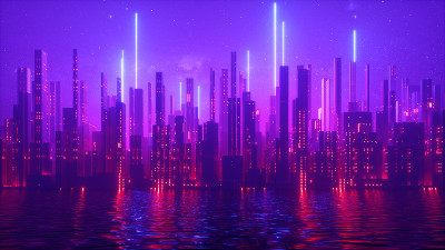 3d渲染，抽象的城市未来主义背景。霓虹灯，星空和水的城市景观