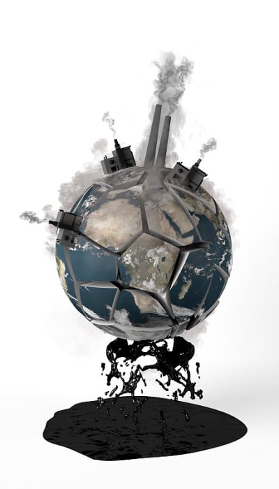 破碎的地球上滴着油。排放烟雾和污染环境的工厂破坏了地球。地球岌岌可危。3 d演示。副本的空间。