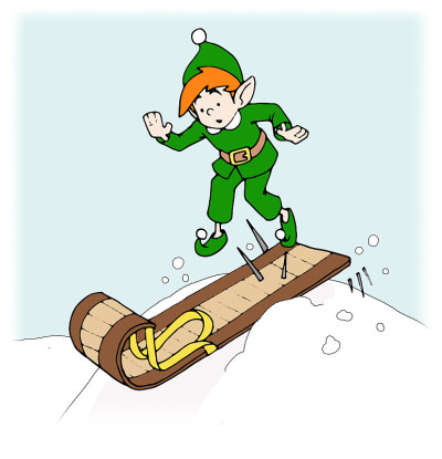 可爱的圣诞精灵与冬季雪橇或雪橇在雪
