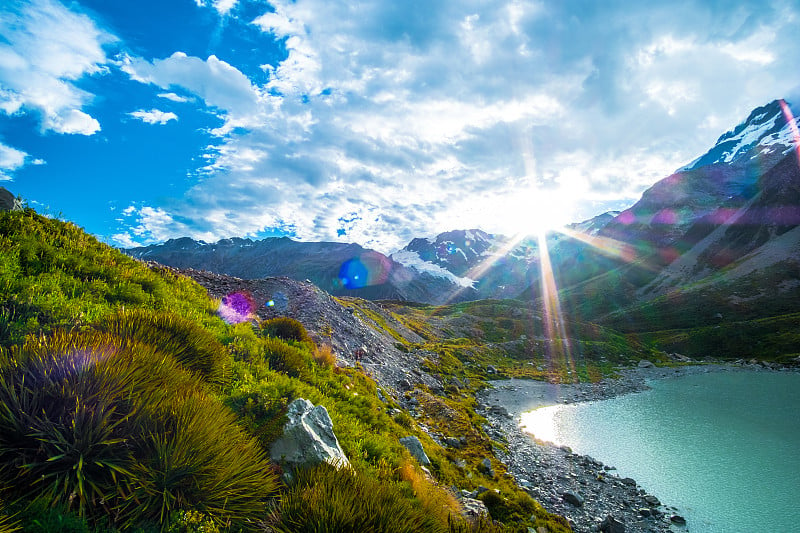 美丽的库克山国家公园，绿草，山，湖和雪。