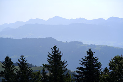 一个阳光明媚的夏日，从当地的山脉Pfänder看到美丽的广角风景山景。