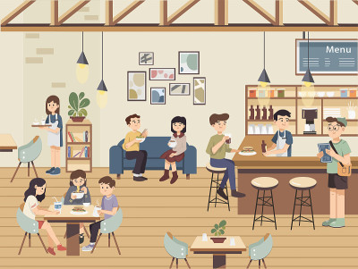 室内咖啡馆café场景与朋友和人们喝咖啡。人们在餐馆享受休闲时光。