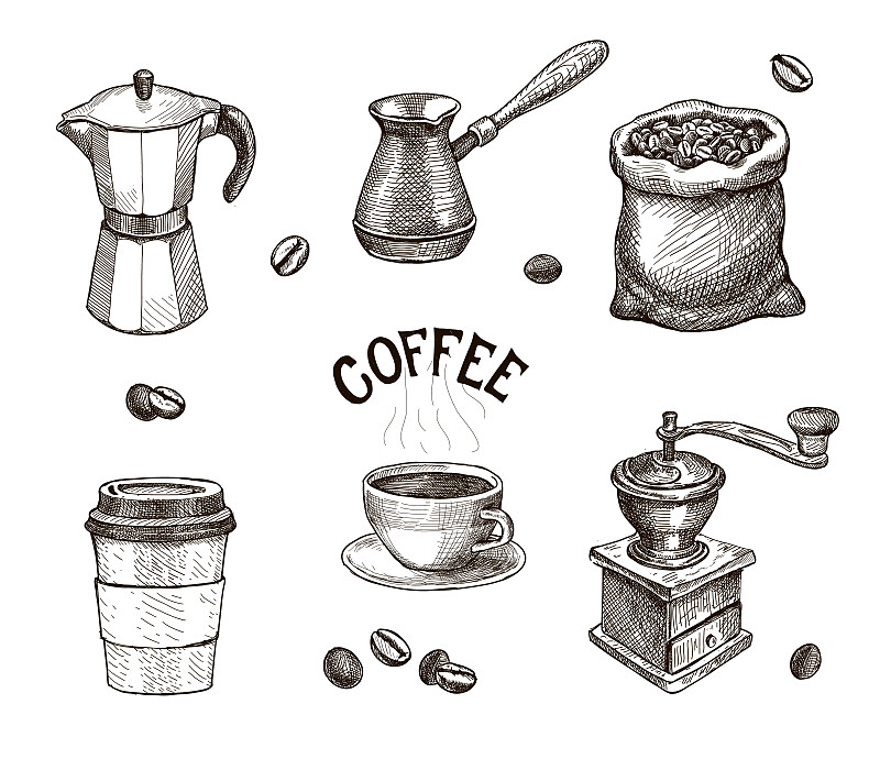 Hand drawn coffee set. Coffee mill, beans sketch