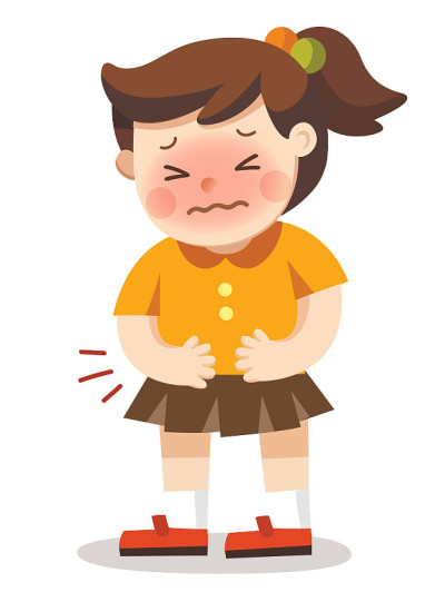 胃痛的女孩。她双手按在腹部。