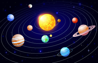 卡通太阳系。轨道天文空间方案，星系天体和行星卫星，宇宙行星系统矢量插图