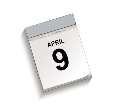 日历，撕掉日历与日期4月9日，撕掉日历，矢量插图孤立在白色背景